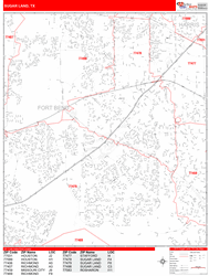 Sugar Land Wall Map Zip Code Red Line Style 2024